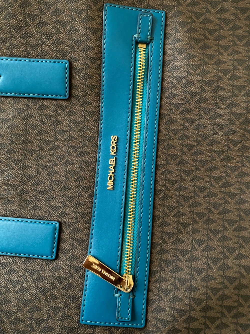 Michael Kors Teal-Trim Brown Monogram Tote with Gold Hardware - Picture 3 of 7